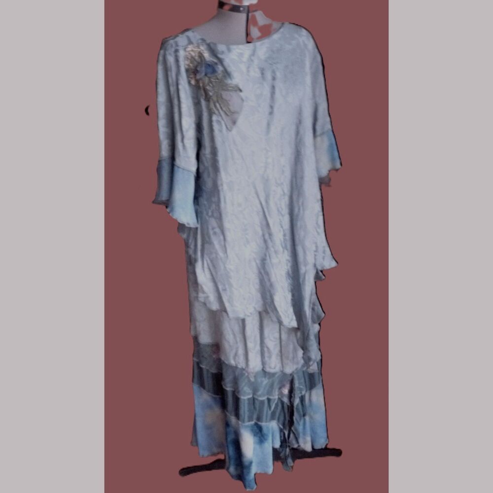 Spencer Alexis Fairy Boho Tunic+Skirt Set Layered Floral Jacquard Teal USA 16 XL